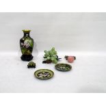 Black cloisonne vase on stand, two cloisonne dishes, carved turtle on stand,