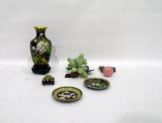 Black cloisonne vase on stand, two cloisonne dishes, carved turtle on stand,