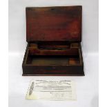 Mahogany writing slope with hinged lid, enclosing inkwell compartment,