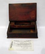 Mahogany writing slope with hinged lid, enclosing inkwell compartment,