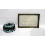 Japanese metal and enamel lidded box decorated with heron and fish and a rectangular framed piece