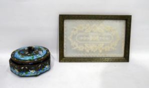 Japanese metal and enamel lidded box decorated with heron and fish and a rectangular framed piece