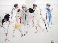 William (Bill) Papas (1927-2000) Pen, ink and watercolour Commuters with umbrellas,