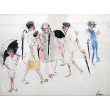 William (Bill) Papas (1927-2000) Pen, ink and watercolour Commuters with umbrellas,