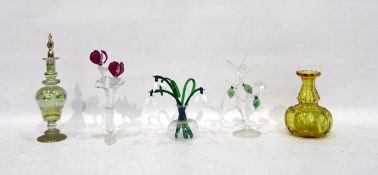 Glass model group of birds on a branch, glass flowers,