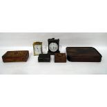 Metamec quartz 20th century mantel clock, a modern desk clock, a carved wooden jewellery box,