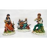 Collection of tinted bisque Capodimonte figures including organ grinder and monkey limited edition