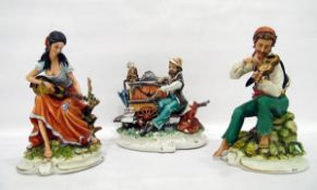 Collection of tinted bisque Capodimonte figures including organ grinder and monkey limited edition