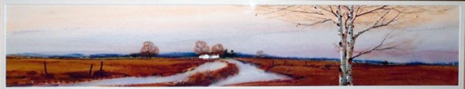 G Mitchell (contemporary school) Watercolour drawing River landscape panorama with silver birch