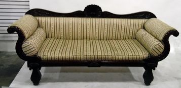Regency mahogany sofa, the double scroll back rail with large central carved scallopshell,