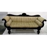 Regency mahogany sofa, the double scroll back rail with large central carved scallopshell,