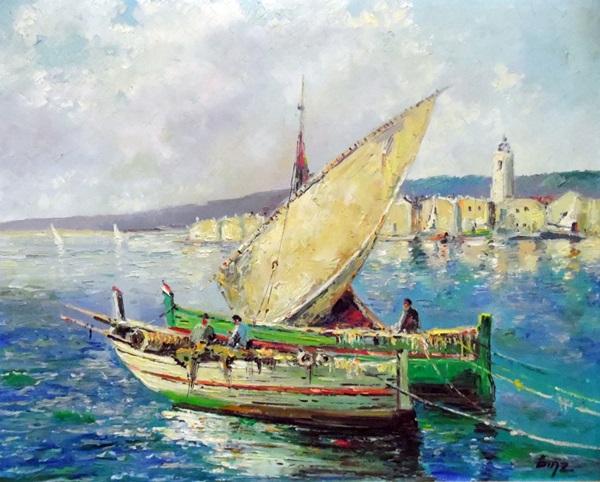 Binz (20th century) Oil on canvas Mediterranean harbour scene with fishing boats, signed,