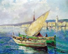 Binz (20th century) Oil on canvas Mediterranean harbour scene with fishing boats, signed,