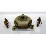 Art Deco alabaster hexagonal lidded pot with three bronze kneeling female nudes stands (three