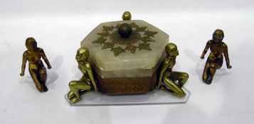 Art Deco alabaster hexagonal lidded pot with three bronze kneeling female nudes stands (three