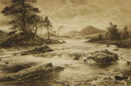 J Farquharson Etching Highland river scene,