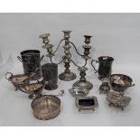 Small quantity of silver plate to include candelabra, candlestick, wine holder, gravy boat,