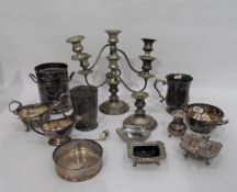 Small quantity of silver plate to include candelabra, candlestick, wine holder, gravy boat,