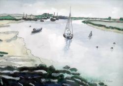 Clifford H Fisher (20th century) Watercolour drawings "Faversham Creek", boats in estuary,