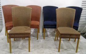 Harlequin set of six contemporary Lloyd Loom dining chairs in blue, pink and ochre,