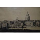 William P Robins (1882-1957) Etching London scene with river in foreground,