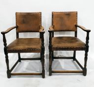 Pair of early 20th century reproduction Cromwellian style oak carver chairs on turned supports,