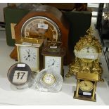 Seven various clocks to include two modern carriage clocks,