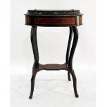 French marquetry and black japanned oval drum occasional table on cabriole support with under-tier,
