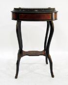 French marquetry and black japanned oval drum occasional table on cabriole support with under-tier,