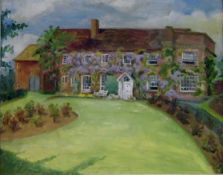 P Salmon (20th century school) Oil on board Country house with wisteria,
