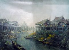 20th century school Oil on canvas Oriental river landscape,
