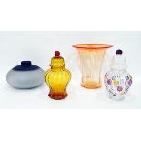 Large orange glass vase of flared design, 28cm high, an amber glass jar and cover,