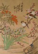 Pair of Chinese watercolour drawings depicting birds, insects and flowers,