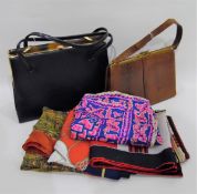 Large quantity of vintage and later silk and other scarves, a lizard skin vintage handbag,