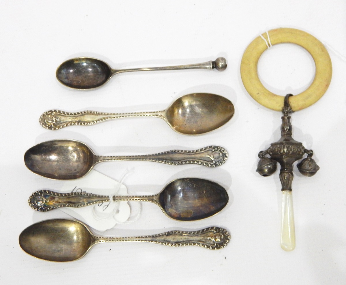 Set of four Victorian silver teaspoons with gadrooned handles, Sheffield 1898, another teaspoon,