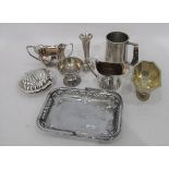 Quantity of silver plate to include condiment sets, pewter tankards, jug,