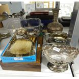Quantity of silver plate to include cruet set, flatware, bonbon basket,