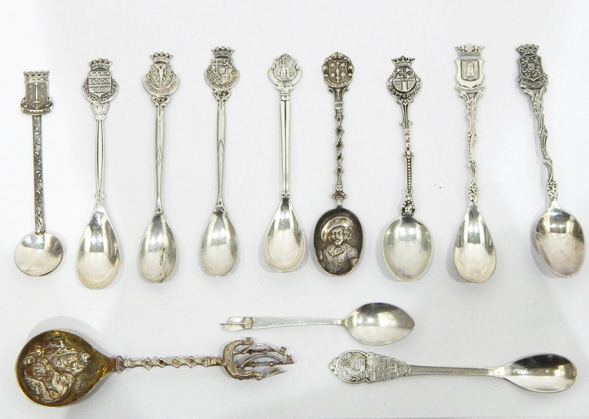 Quantity of foreign silver-coloured metal souvenir spoons