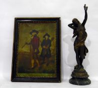 Vintage infra-red adjustable lamp with painted aluminium shade, a spelter model of a female nude,