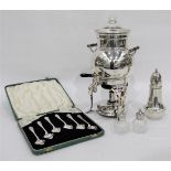 Silver plated sugar sifter, a pair of condiments,