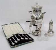 Silver plated sugar sifter, a pair of condiments,