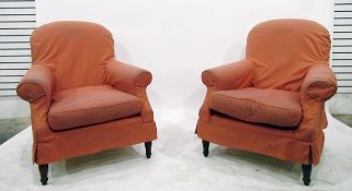 Pair of square back easy armchairs in pink weave loose covers,