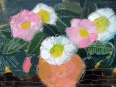 Contemporary school Oil on board Abstract study of flowers in a vase, initialled 'PL' lower left,