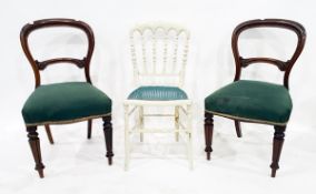 Set of three Victorian mahogany balloon back dining chairs with blue and green stuffover seats,