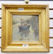 Early 20th century school Oil on board Figures in fishing boat amongst reeds, unsigned, 17cm x 16.