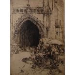 Percy Lancaster Etchings Street market with arch in background and ladies walking along stone