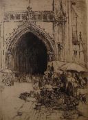 Percy Lancaster Etchings Street market with arch in background and ladies walking along stone