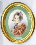 19th century school Watercolour drawing Head and shoulders portrait of a girl, oval, unsigned, 18.