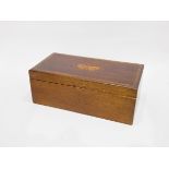 Oak box with butterfly inlay and patterned border and some handkerchiefs,