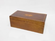 Oak box with butterfly inlay and patterned border and some handkerchiefs,
